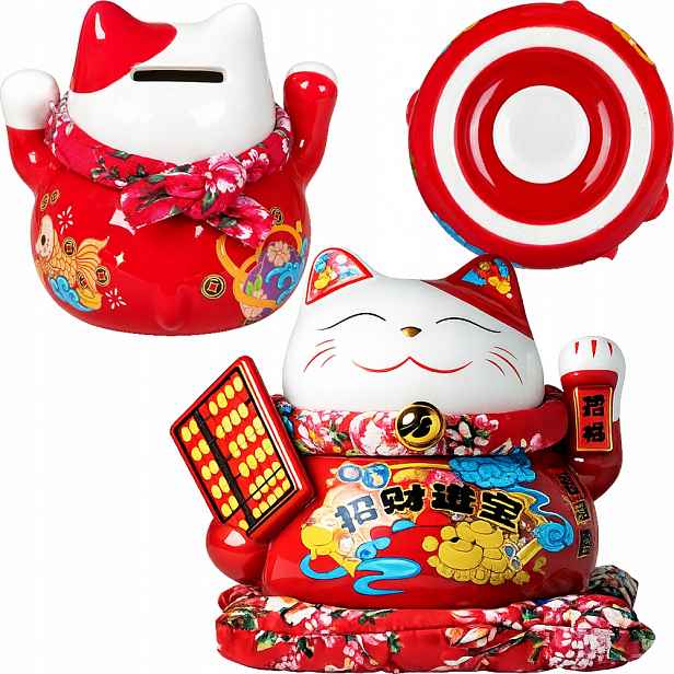 Porcelánová pokladnička Velká figurka Japonská kočka Maneki Neko Počítadlo 14 cm