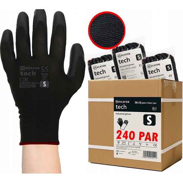 Pracovní Rukavice Mercator Tech Black+Black Pu S 240 párů