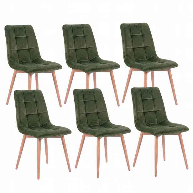 Velurové židle Stylové Glamour Zelené Hnědé Nohy Loft Do Obývacího Pokoje x6 Kpl