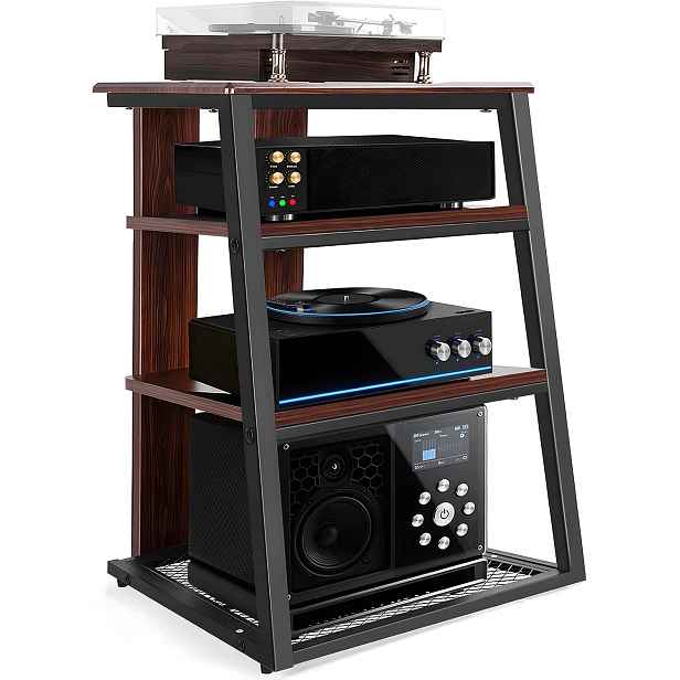 4-VRSTVÝ Regál Hifi Železo Dřevo Hnědý 61X53,5X78,5 CM