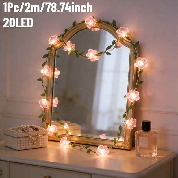 TEMU Růžová LED třešňový květ vílí řetězové světlo na baterie (bez baterie) Dekorace do ložnice a obývacího pokoje Svatební Halloween Vánoce Valentýn