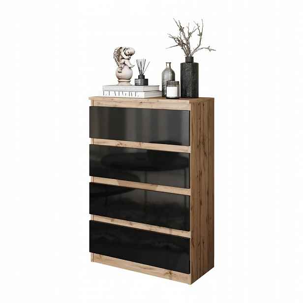 Komoda 60 CM Dub Wotan Černý Lesk 4 Zásuvky Obývací Pokoj, Ložnice