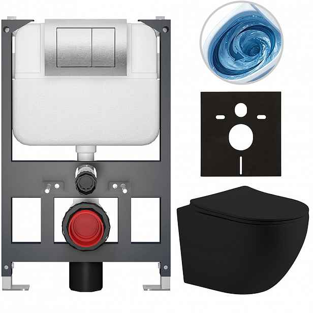 Kompletní WC set Basic/Cesso - černá matná - WC tlačítko Maxio/Stříbrná - závěsné - nízký modul - předstěnová instalace - 49x36 cm - 8050BD86224