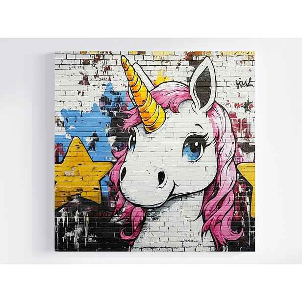 Obraz Na Plátně Canvas Cihlová Stěna Graffiti Jednorožec Koník Pohádka 50x50