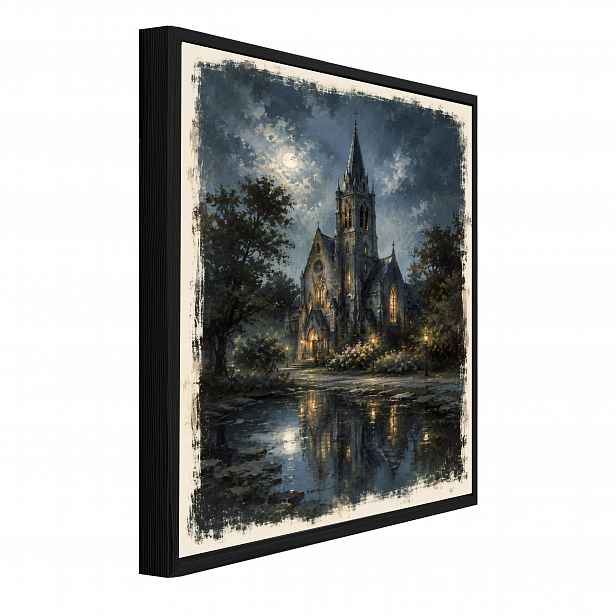 Obraz V Černém Rámu Na Plátně Vintage Katedrála Noc Obývací Pokoj Ložnice 100x70