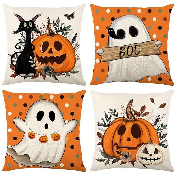 TEMU 4 ks Vícebarevné Halloweenské Polyesterové Povlaky na Polštáře s Oboustranným Potiskem Kočky a Dýně, 16/18/20 Palcové Povlaky na Polštáře pro