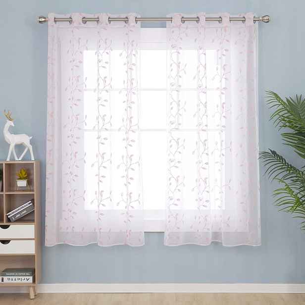 Lněné záclony do obývacího pokoje s vyšívaným růžovým vzorem listů 140 cm x 240 cm