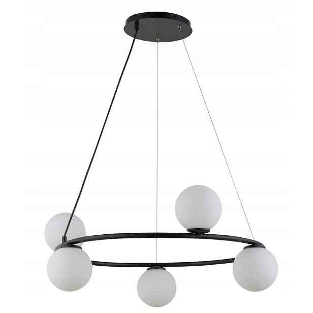 Dekorativní závěsná lampa černá kulatá 68 cm, skleněné bílé koule 5 bodů Sigma