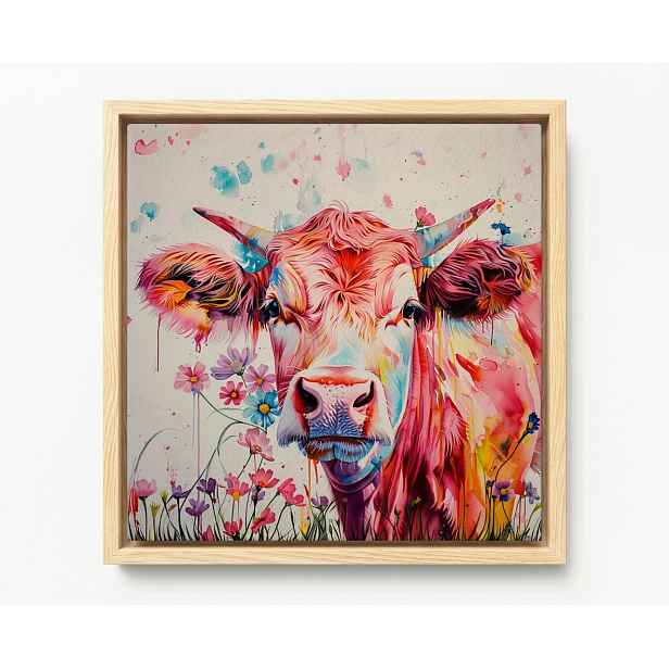 Obraz Rám Americký Box Portrét Kráva Růžová Barvy Květiny Boho 50x50