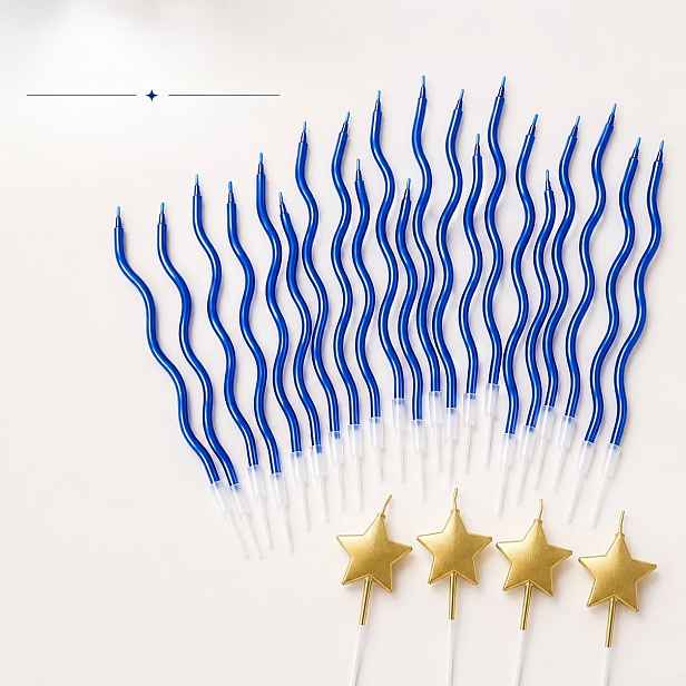 TEMU Sada 22 modrých narozeninových svíček 22 Blue Wave, dlouhé metalické modré zakřivené svíčky a 4 zlaté hvězdicové svíčky, elegantní dekorace na