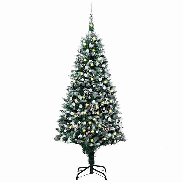 vidaXL Umělý vánoční strom s LED a sadou koulí a šiškami 210 cm