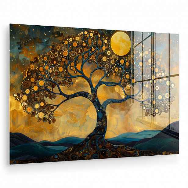 MuchoWow OBRAZ NA AKRYLOVÉM SKLE Strom - Měsíc - Květiny - Zlato - Umění 90x60 cm