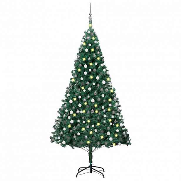 vidaXL Umělý vánoční stromek s LED a sadou koulí zelený 210 cm PVC