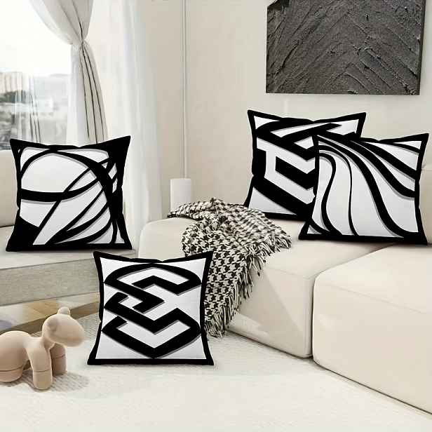 TEMU 4ks - Moderní abstraktní polštářové povlaky s linkovým uměním, 45x45cm, polyester se zipem, pratelné v pračce, černobílé geometrické vzory,