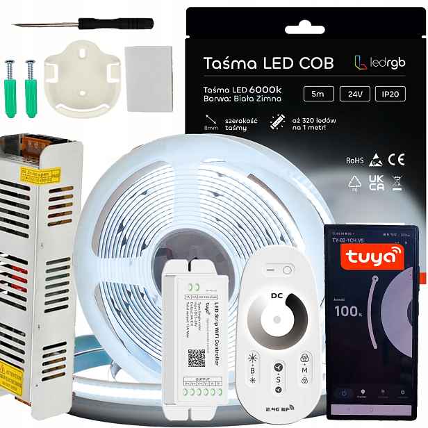 Sada Led pásků Cob 24V 5 m 6000K Bílá Zaimna Napájecí Zdroj Tuya Wifi Dálkový Ovladač Rf