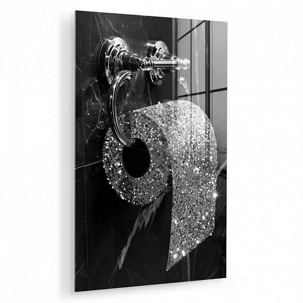 MuchoWow OBRAZ NA AKRYLOVÉM SKLE WC - Toaletní papír - Černá a bílá - Třpytky 60x90 cm