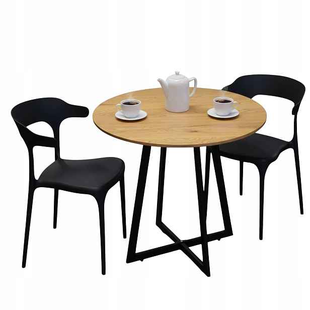 Kulatý Skandinávský Stůl Loft 80 CM 2 Plastové Židle V Černé Barvě Obývacího Pokoje