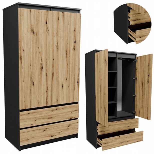 Skříň S902D2SZGRA grafit šedá artisan 90 šatní skříň regál zásuvky tyč