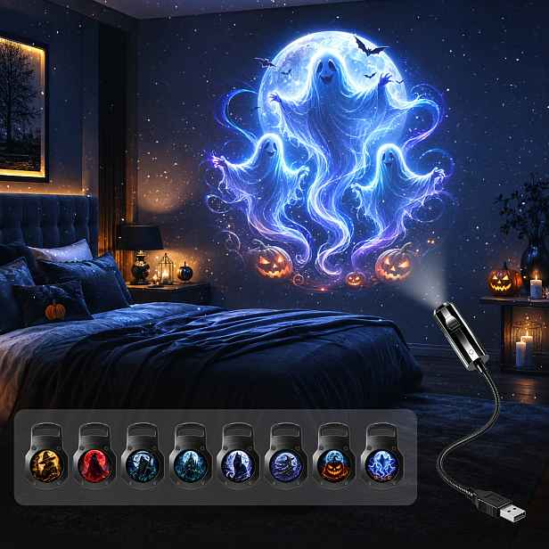 TEMU Halloweenská projekční lampa, USB napájená 360° nastavitelná nástěnná a stropní projektorová noční lampa do ložnice, gotického tmavého pokoje a