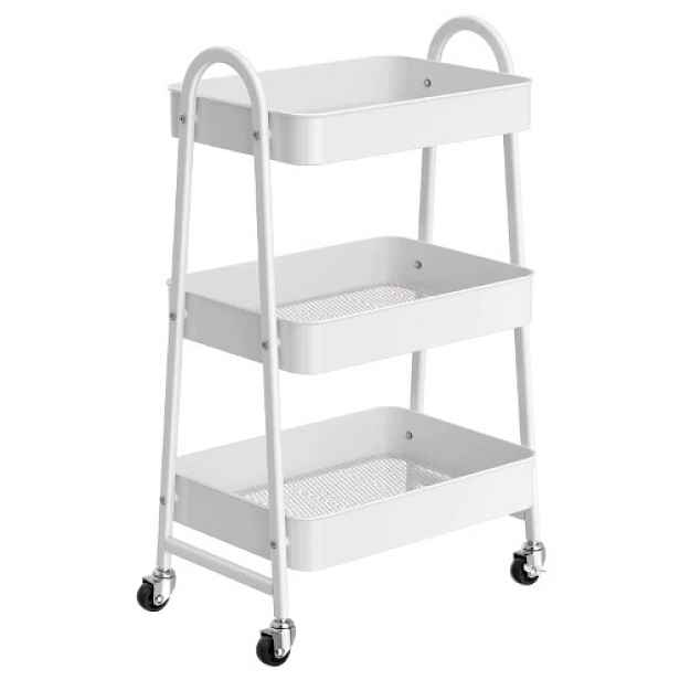 3-úrovňový kovový kuchyňský vozík na kolečkách, bílý, 76 cm