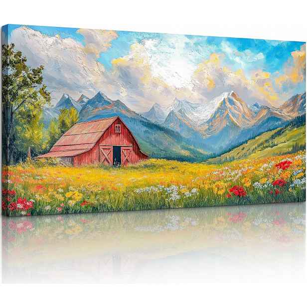 Obraz na plátně XXL 73 × 146 cm – červený domeček, hory a květinová louka