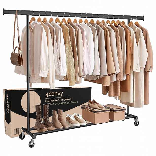 4CONVY Věšák na oblečení na kolečkách Kovový stojan Černý Rozkládací Velký