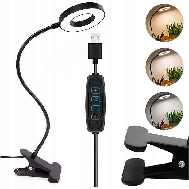 Stolní lampa Led Usb s klipem Flexibilní lampa Regulovatelný výkon 3 barvy x3