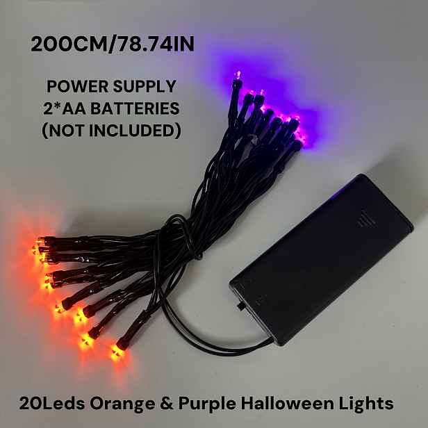 TEMU LED Halloween Řetězové Světla, 2m 20 Světel Oranžová & Fialová Girlanda, Bateriová Dekorace pro , Výzdoba na Párty s Dýněmi, Osvětlení do Baru,