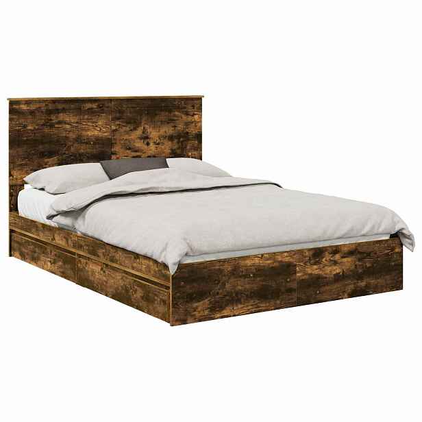 vidaXL Postel s úložným prostorem se zásuvkou Kouřový dub 135 x 190 cm