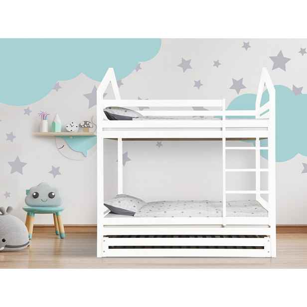 ELIS DESIGN Domečková postel patrová s volitelnou zábranou bílá rozměr lůžka: 90 x 200 cm, šuplík, nožičky: s nožičkami a s šuplíkem, Zábrany: Žádná