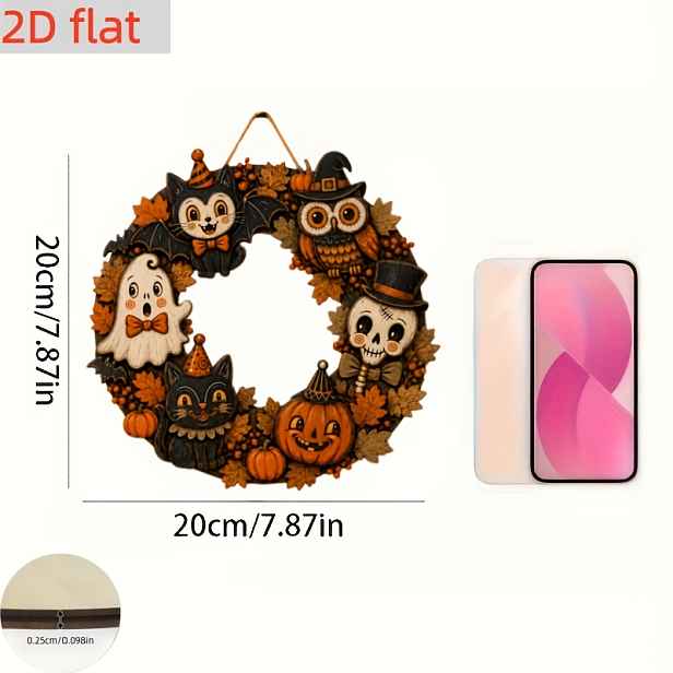 TEMU 2D plochý dřevěný vintage halloweenský závěs na dveře, lebka, černá kočka, duch, okruhová uvítací cedule s dýní, podzimní dekorace na vchodové