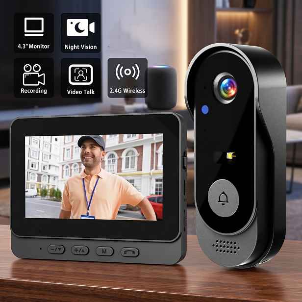 TEMU Bezdrátový chytrý videozvonkový systém s 4,3palcovým monitorem, videointerkomový zvonkový systém, úhel pohledu 120°, noční vidění, bez nutnosti