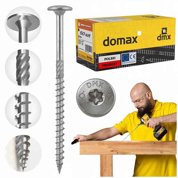 Tesařské Vruty 8x360 Talířové Torx 50 ks Do Dřeva Domax Ct Stříbrné