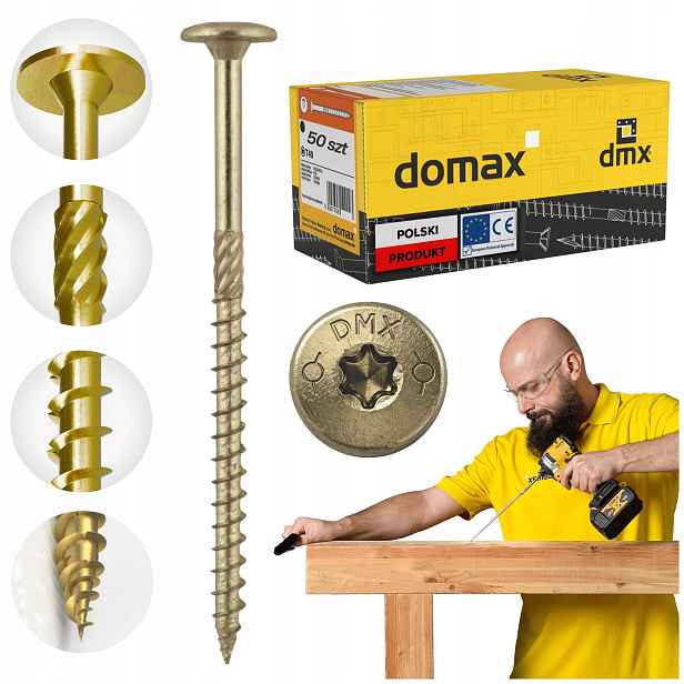 Tesařské Vruty 8x360 Talířové Torx 50 ks Do Dřeva Domax Ct Zlaté