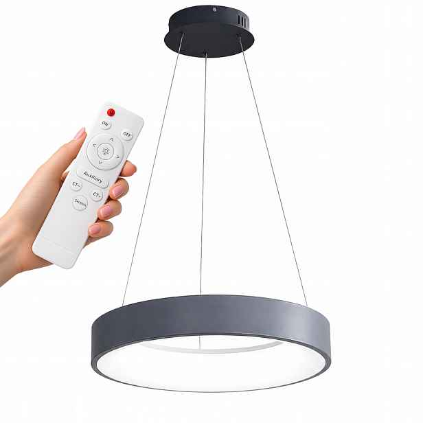 Závěsné Stropní Svítidlo Kulatý Lustr Šedý Ring 60 CM Do Obývacího Pokoje Dálkový Ovladač