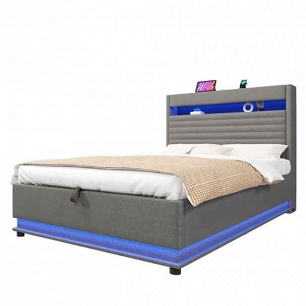 FLIEKS ČALOUNĚNÁ POSTEL 140x200cm Úložná LED USB-C Len Šedá