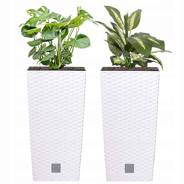 Sada 2 x Květináč Rattan vysoký 22,5x22,5x42,1 cm, vložka 8 L, bílá