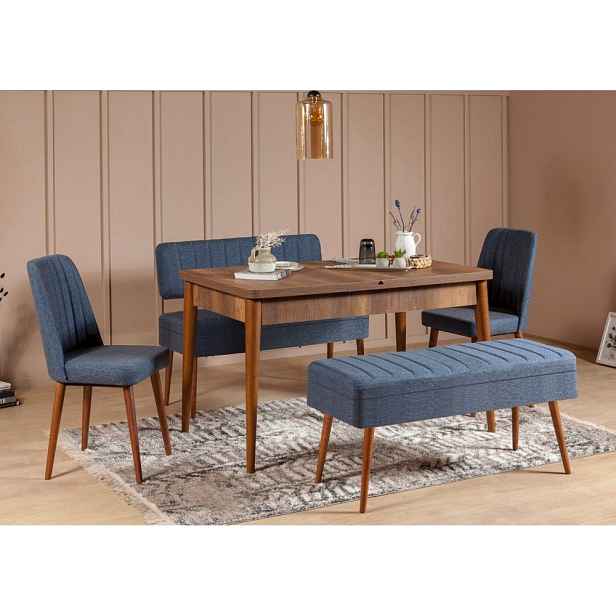Jídelní set s rozkládacím stolem a židlemi (5 kusů) Vina 1048 - 4 - Walnut, Dark Blue