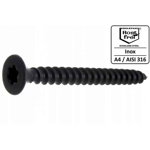 Nerezový šroub kuželová hlava s drážkou pro Torx, černý, 5.0 x 40 mm, 100 ks
