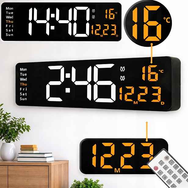 Led Nástěnné Hodiny S Dálkovým Ovládáním 39 CM Kalendář Teploměr Alarm
