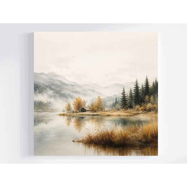 Obraz Na Plátně Canvas Krajina Hory Jezero Les Chatka Podzim Mlha 50x50