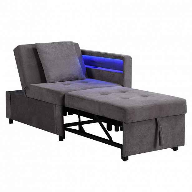 Modfu ROZKLÁDACÍ pohovka z lněné tkaniny 177x68x65 cm tmavě šedá 3 v 1 s LED, USB-C a polohováním zad