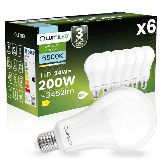 6x Led žárovka E27 A67 24W 200W 3452lm 6500K Studená 260° Lumiled