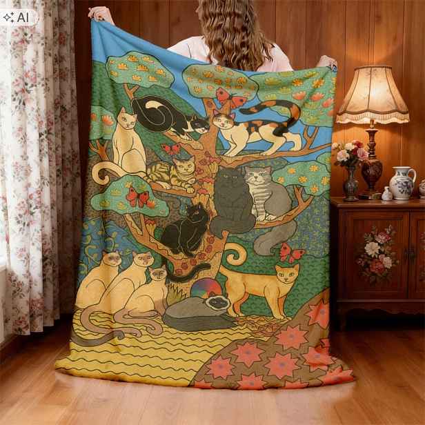 Deka přehoz Art Strom života květiny Kočky Kočka Kočky jako patchwork 150x200 cm