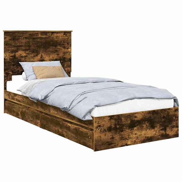 vidaXL Postel s úložným prostorem se zásuvkou Kouřový dub 90 x 190 cm