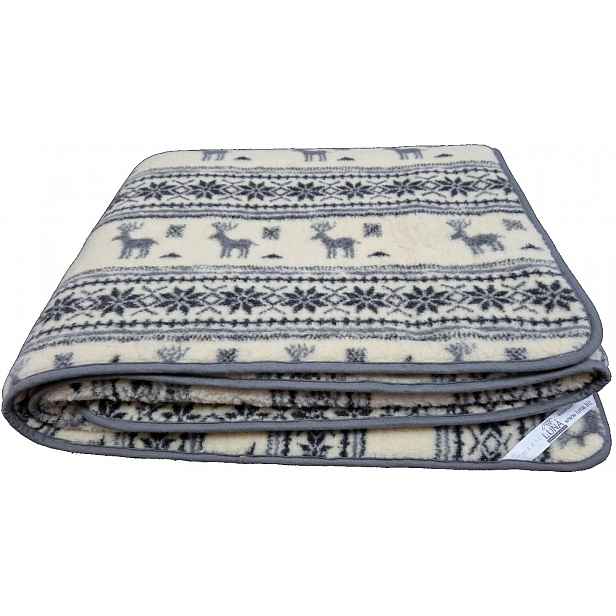 Vlněná deka se soby 200 x 155 cm 100% vlna, Pletenina Runová šedá 450 g/m2