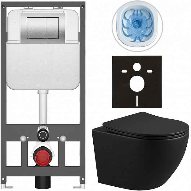 Kompletní WC set Basic/Cesso - černá matná - WC tlačítko Maxio/Stříbrná - závěsné - předstěnová instalace - 49x36 cm - 8050BD86358