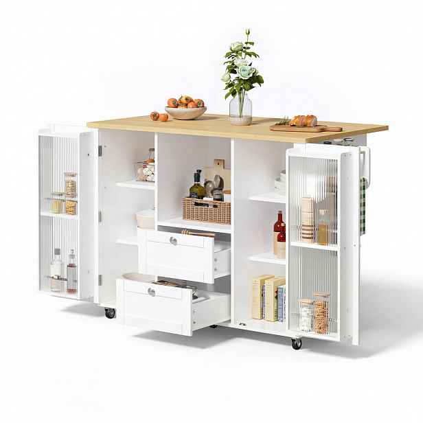 STILVORA KUCHYŇSKÝ VOZÍK bílý s výklopnou pracovní deskou a policí na koření, 120×45(70)×92 cm