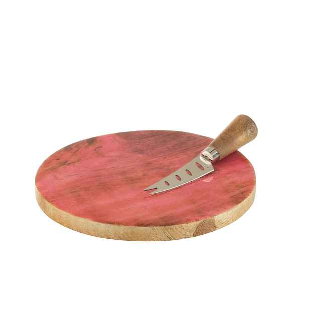 Kulaté servírovací prkénko na sýr z mangového dřeva s emailem a nožem - Ø 20*1,5 cm J-Line by Jolipa