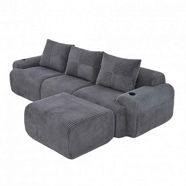 Redom MODULÁRNÍ 3místná pohovka 268/174/80 cm s taburety, držákem nápojů a boční kapsou, manšestr, Tmavě šedá